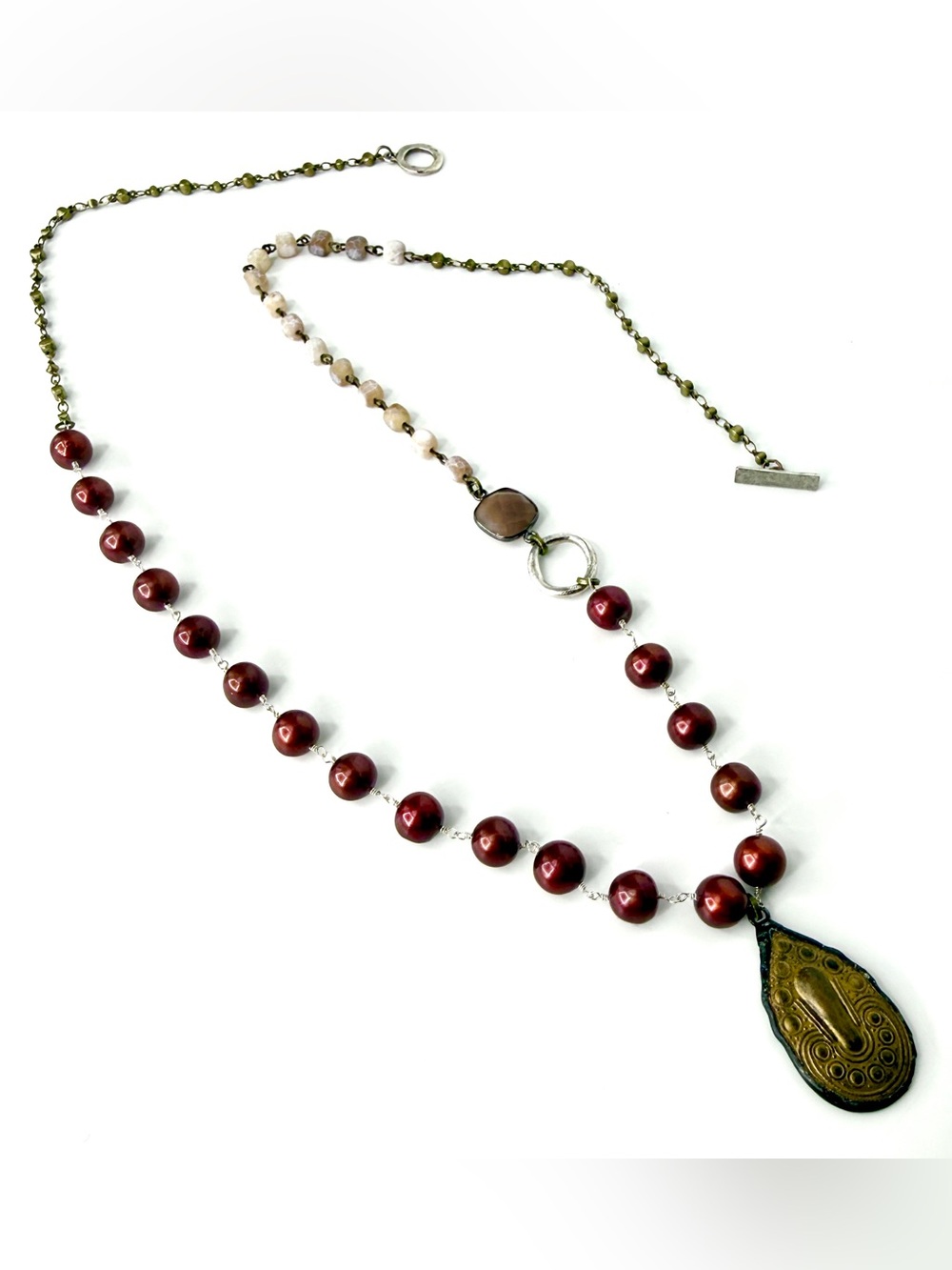 Earthtone Vintage Hand Soldered Pendant Necklace, Long Chocolate Brown Pearl